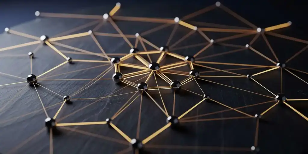 Glowing amber threads connecting polished metal data nodes on a dark slate surface, with warm gold light reflecting from the central cluster.