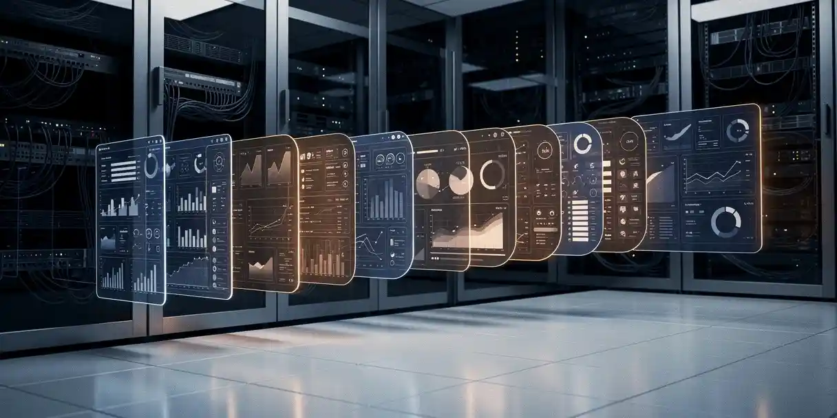 Glowing data visualizations flowing through a glass-walled server room, layered dashboards transitioning from raw charts to executive reports in navy and amber tones.