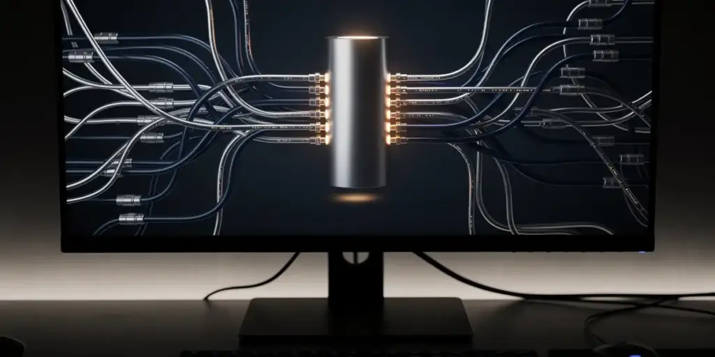 Glowing data pipelines converging into a sleek dashboard, branching from a central cylindrical data source in navy blue and amber tones.
