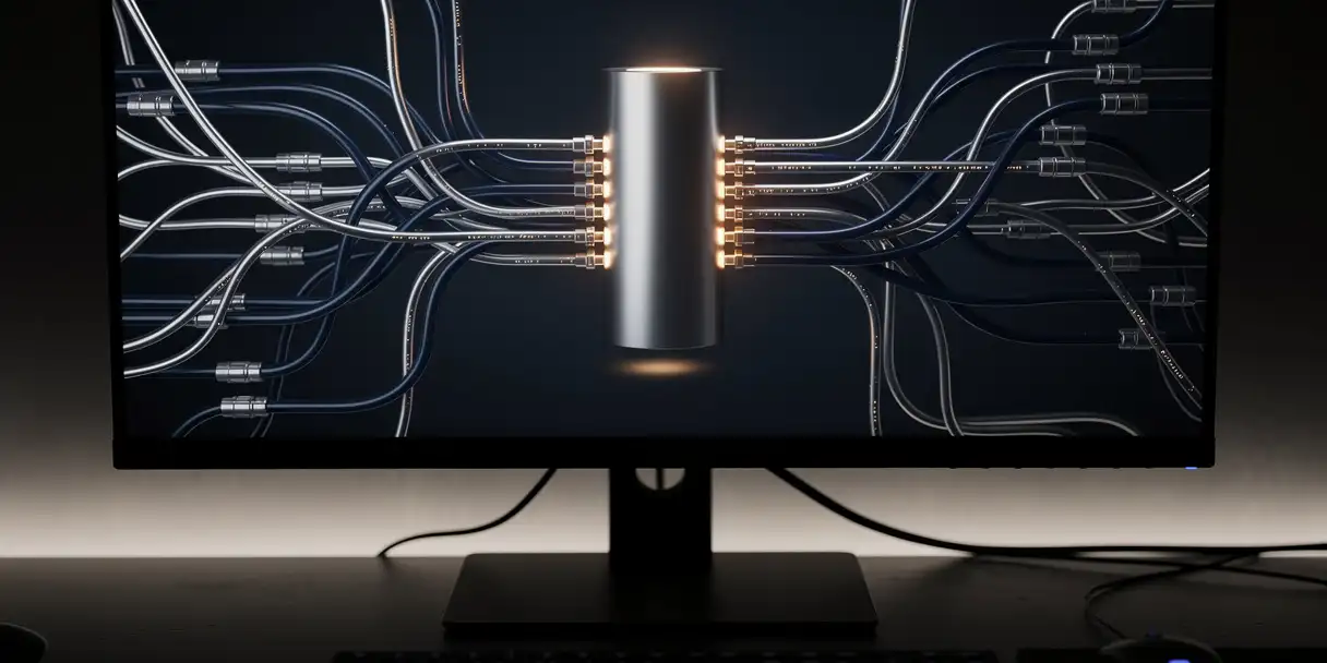 Glowing data pipelines converging into a sleek dashboard, branching from a central cylindrical data source in navy blue and amber tones.