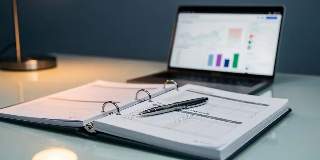 Open binder with deployment logs and version history sheets on a glass desk, mechanical pen resting on documents, laptop showing BI dashboard in background.
