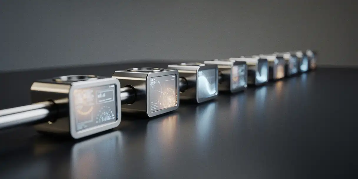 Polished metal cylinders with glowing amber dashboards move through a staged assembly line representing a CI/CD deployment pipeline.