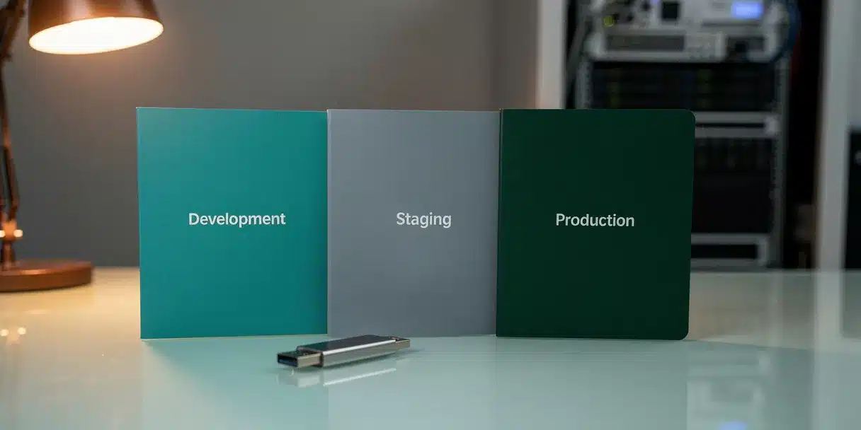 Three color-coded folders labeled development, staging, and production arranged in sequence on a glass desk, connected by a USB drive, with a blurred server rack behind.
