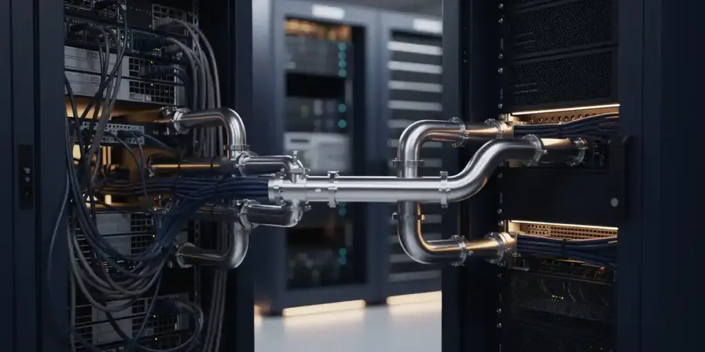 Precision metal pipes and valves connecting two server racks in a data center, symbolizing a deployment pipeline from tangled cables to clean infrastructure.