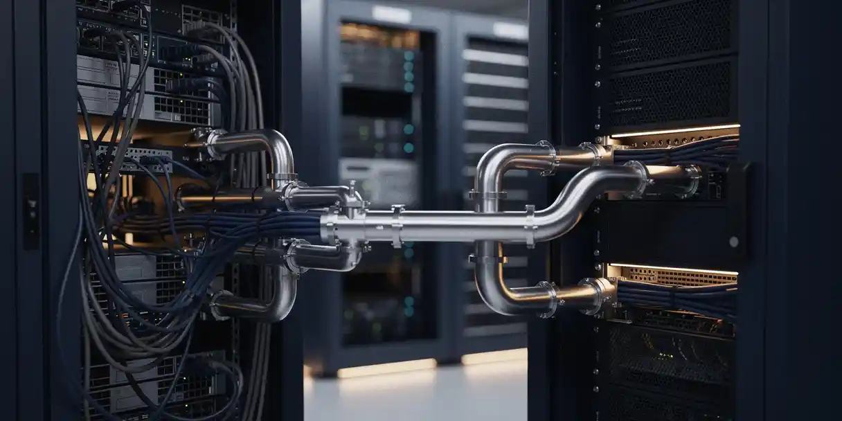 Precision metal pipes and valves connecting two server racks in a data center, symbolizing a deployment pipeline from tangled cables to clean infrastructure.