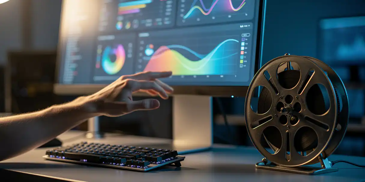 Developer's hand reaching toward a glowing blue dashboard monitor beside a vintage film reel on a keyboard, symbolizing version recovery.