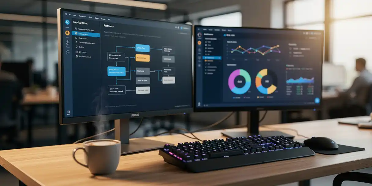 Developer workstation with dual monitors displaying a deployment pipeline terminal and BI dashboard, mechanical keyboard and coffee cup in foreground.