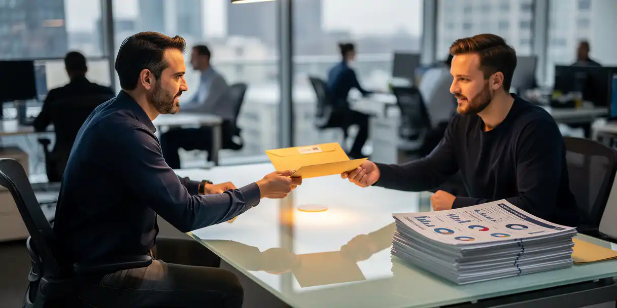 Developer handing a sealed folder across a glass desk in a modern office, with dashboard printouts and a version-control checklist nearby.