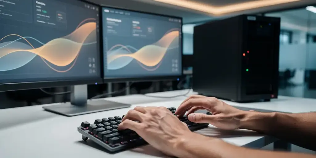 Developer's hands over a keyboard with dual monitors showing CI/CD pipeline dashboards, server rack warning light shifting from red to green.