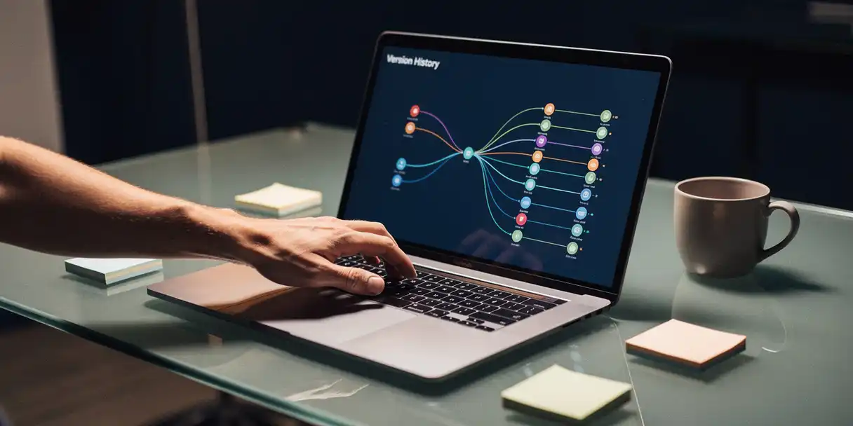 Developer's hand over a laptop showing a Git version history timeline, with sticky notes and coffee mug on a glass desk.