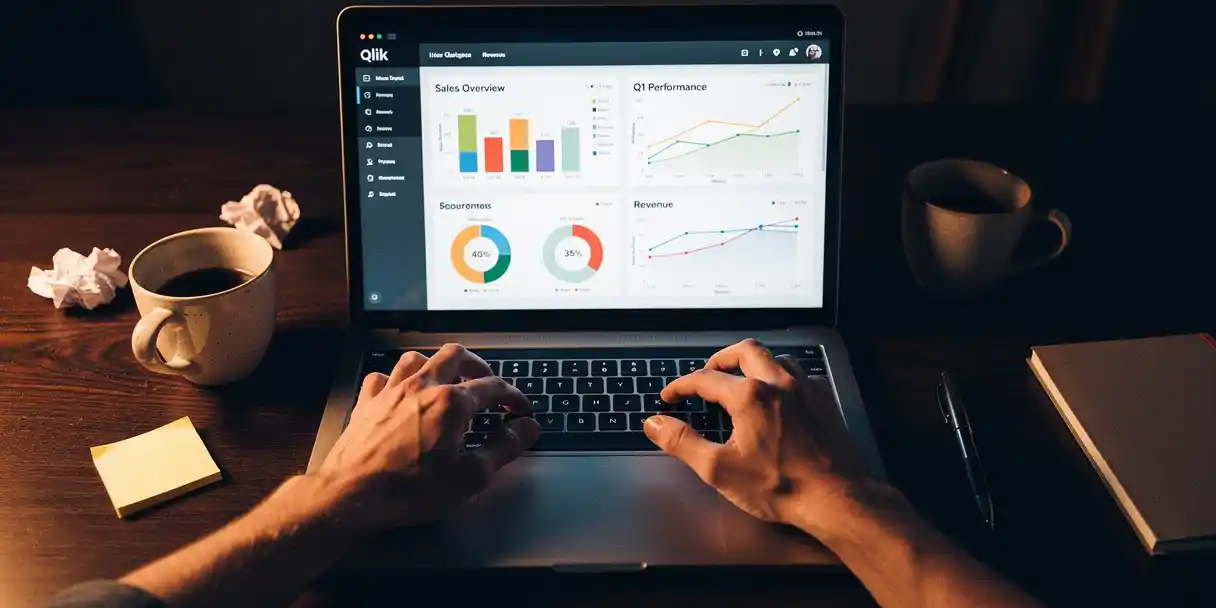Two developers reaching toward the same laptop keyboard from opposite sides of a desk, with a data dashboard glowing on screen and sticky notes nearby.