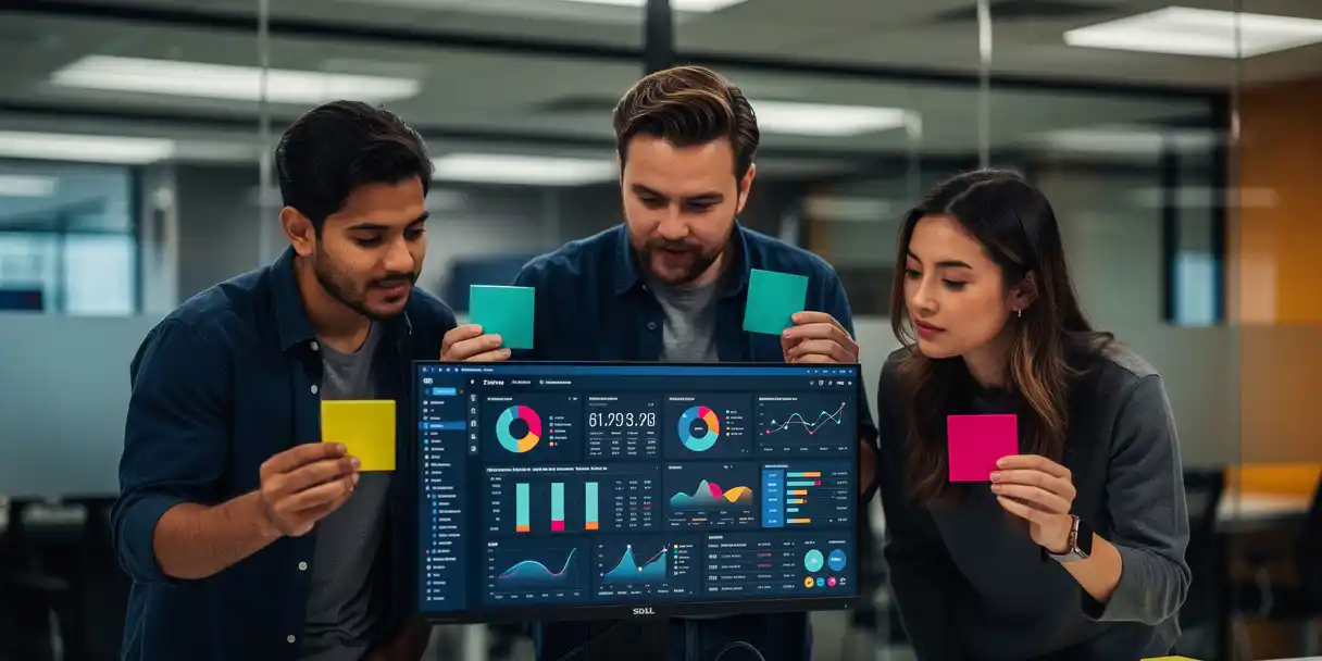 Three developers collaborating around a monitor showing a data dashboard, each holding colored sticky notes in a modern open-plan tech office.