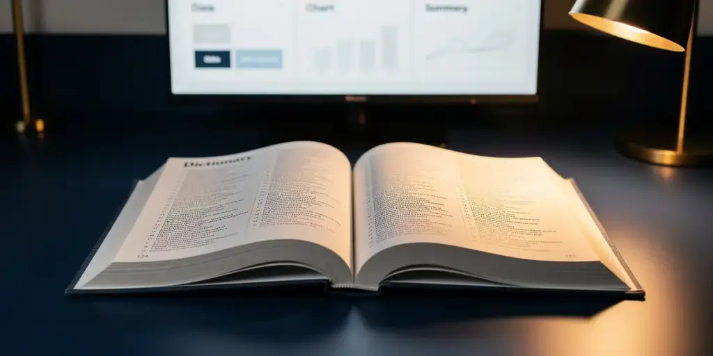 Hardcover dictionary open on a modern desk, warm amber lamp illuminating white pages, data dashboard monitor softly blurred in background.