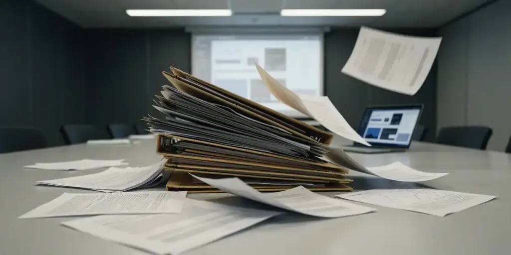 Overstuffed manila folders and printed spreadsheets collapsing on a conference table, with a frozen dashboard visible on a laptop in the background.