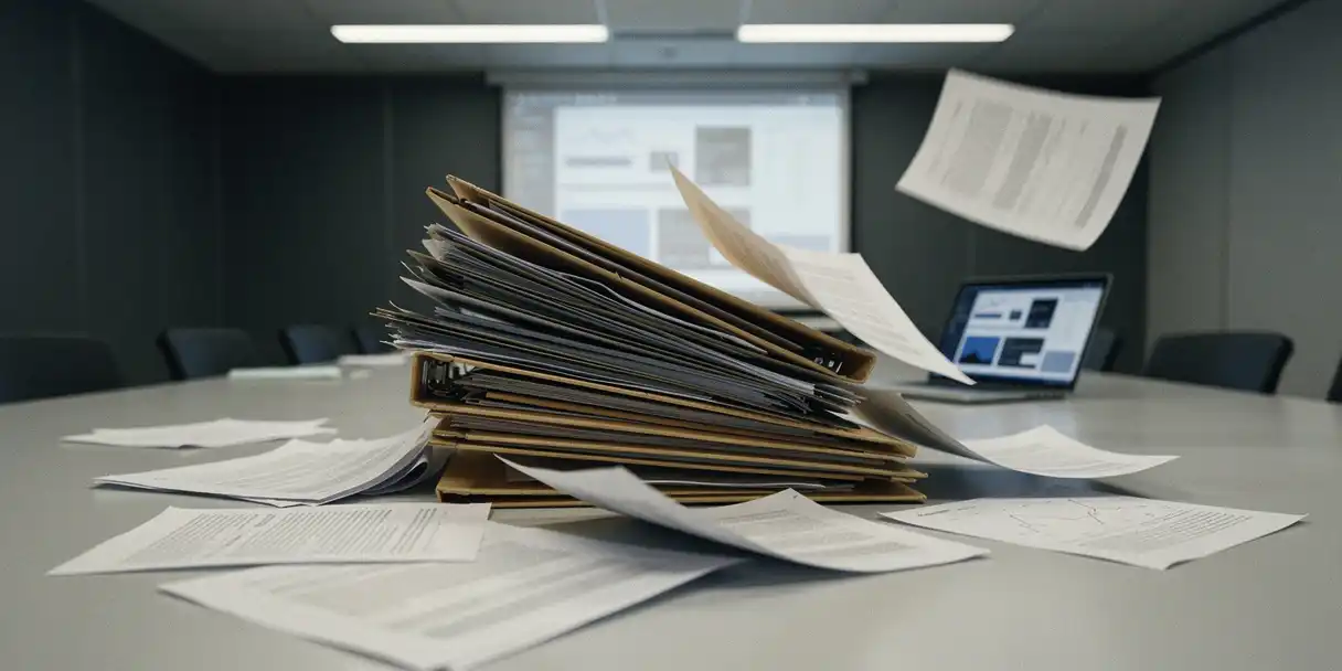 Overstuffed manila folders and printed spreadsheets collapsing on a conference table, with a frozen dashboard visible on a laptop in the background.