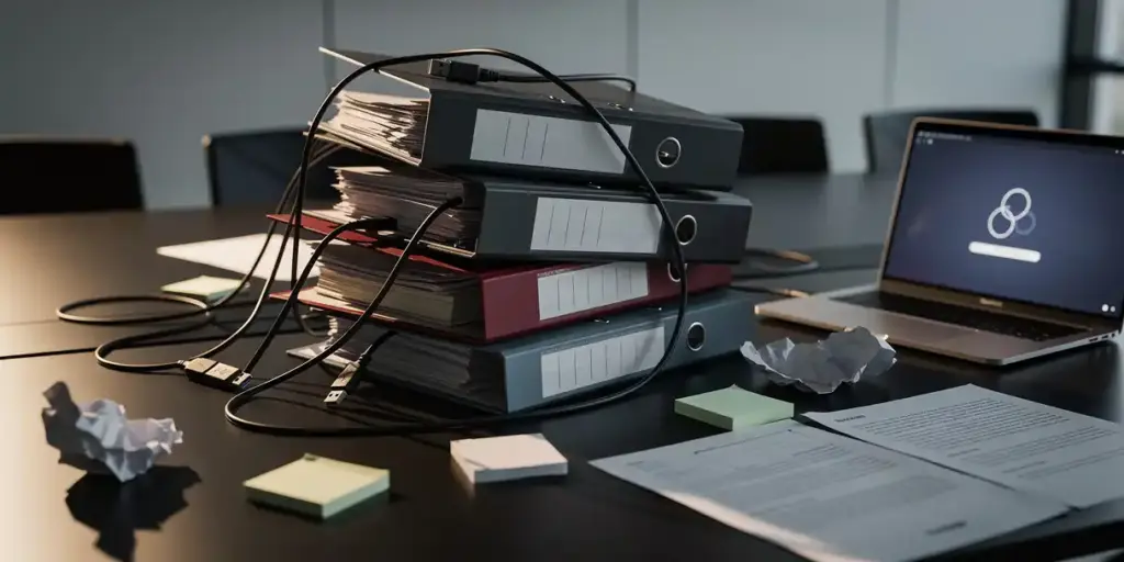 Collapsed stack of mismatched office binders and tangled USB cables on a dark conference table beside a laptop with a frozen loading screen.