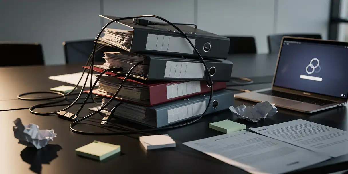 Collapsed stack of mismatched office binders and tangled USB cables on a dark conference table beside a laptop with a frozen loading screen.