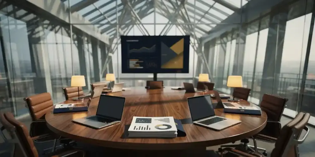 Enterprise boardroom with circular oak table, open laptops, printed dashboard reports, and an illuminated monitor displaying data charts.