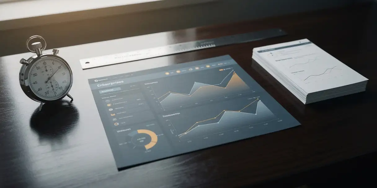 Enterprise dashboard printout on dark desk beside a mechanical stopwatch, steel ruler, and deployment logs in soft natural light.