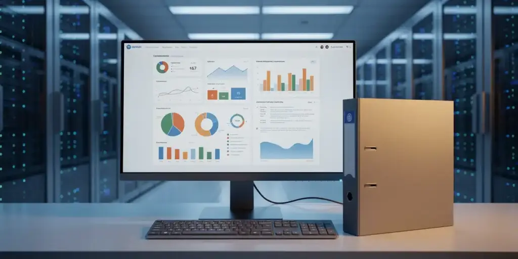 Enterprise dashboard on a monitor in a modern server room, compliance binder beside the keyboard, blue ambient lighting, B2B migration environment.