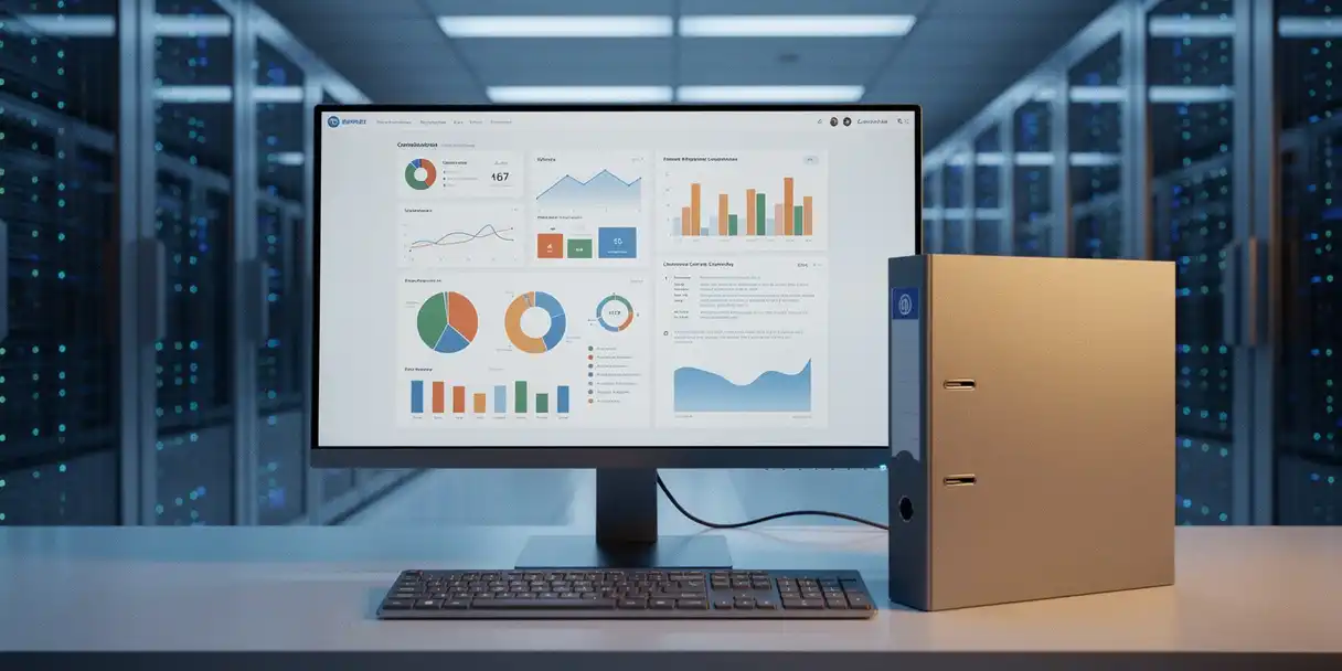 Enterprise dashboard on a monitor in a modern server room, compliance binder beside the keyboard, blue ambient lighting, B2B migration environment.