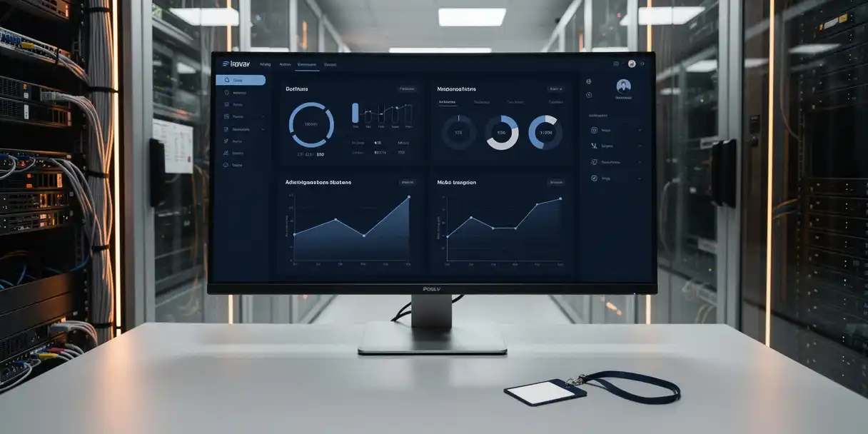 Enterprise dashboard on a monitor inside a glass-walled server room with rack servers, cable management, and a security badge on the desk.