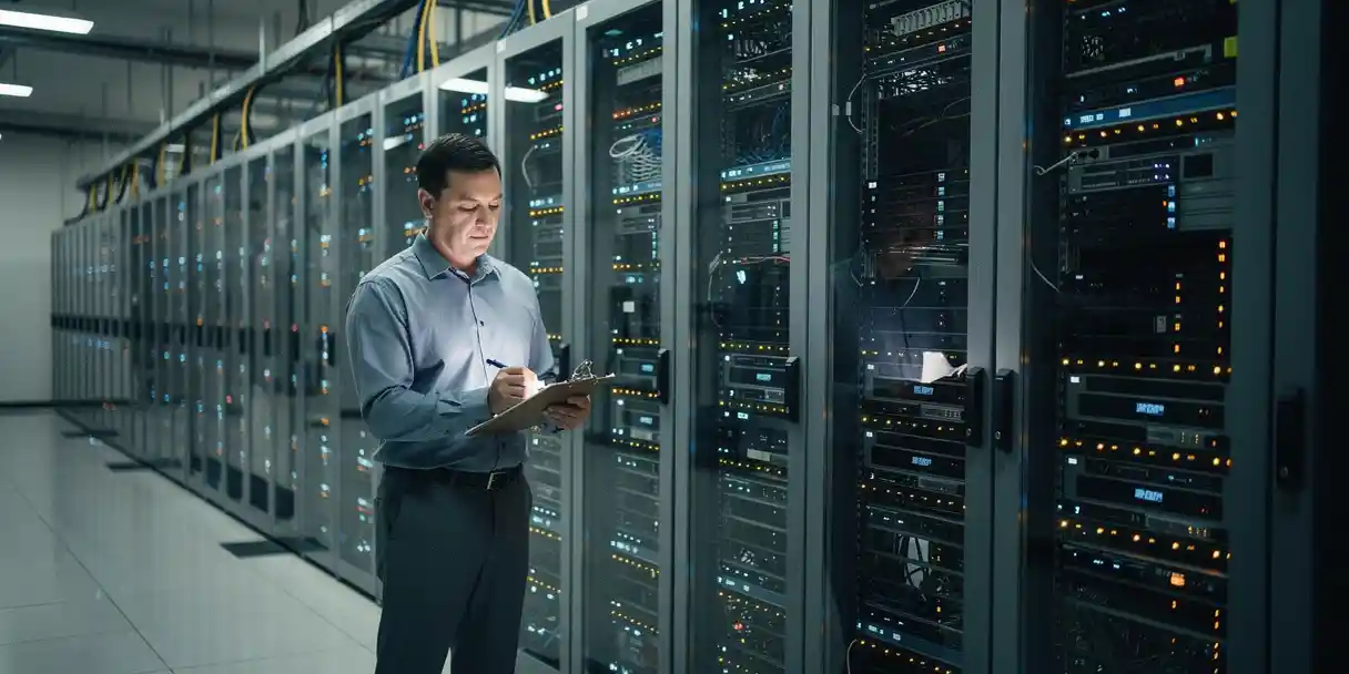 Technician reviewing deployment checklist in enterprise data center with rows of glowing server racks and polished tile floors.