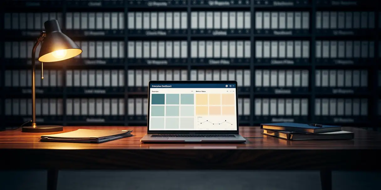 Laptop displaying organized dashboard grids on oak table inside enterprise library with floor-to-ceiling binders, lit by warm amber lamp.