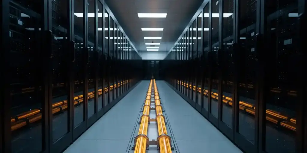 Enterprise server room with rows of aligned rack systems and a glowing amber pipeline connecting development to production infrastructure.
