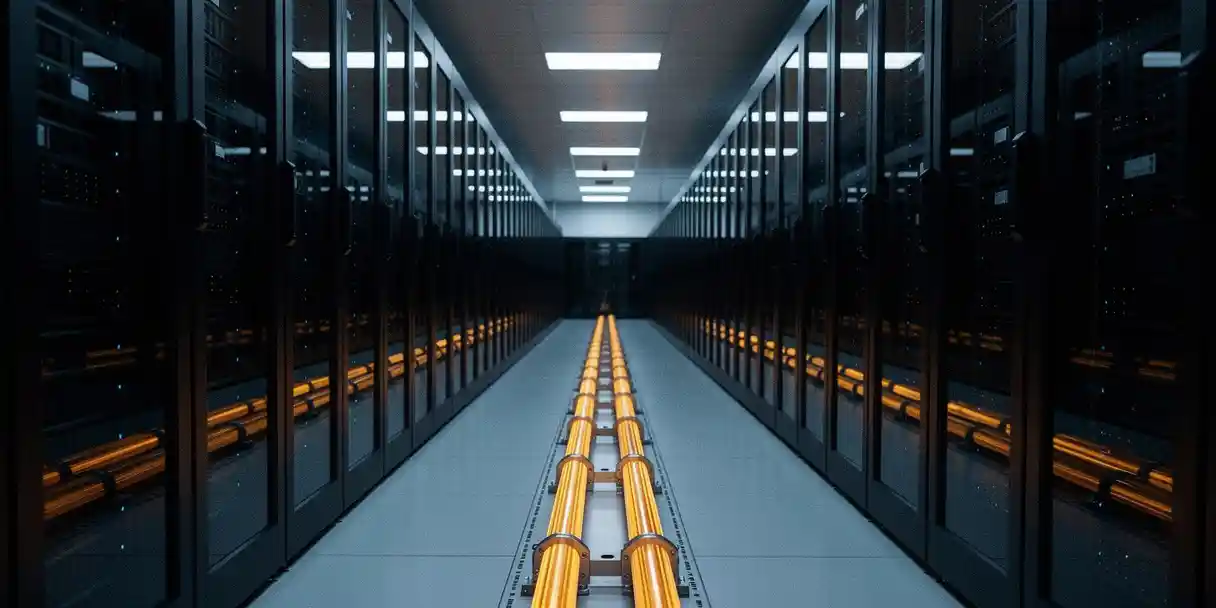 Enterprise server room with rows of aligned rack systems and a glowing amber pipeline connecting development to production infrastructure.