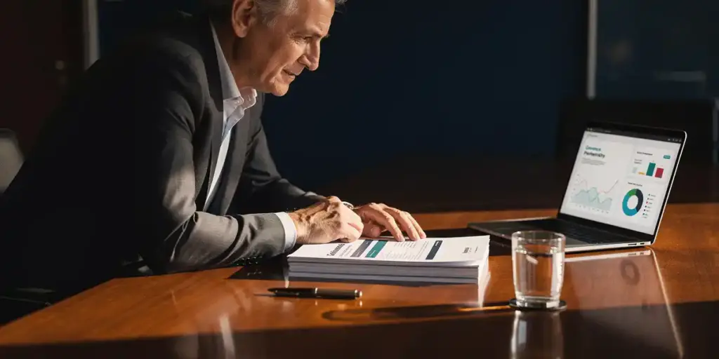 Senior executive in a suit reviewing a printed governance framework document beside a laptop showing data dashboards in a boardroom.