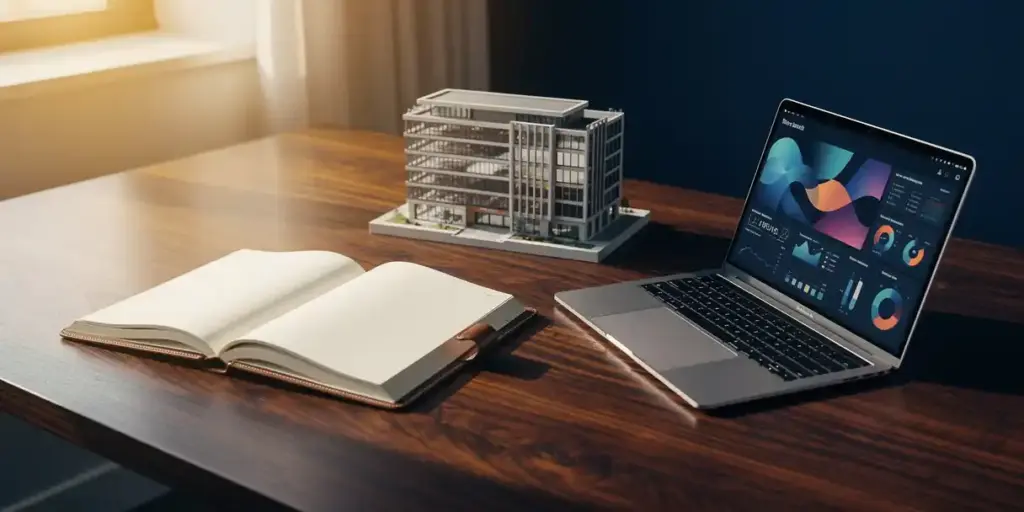 Executive desk with open leather ledger, laptop showing data dashboards, and architectural scale model in navy and amber tones.