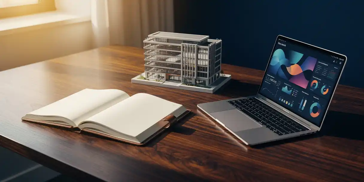 Executive desk with open leather ledger, laptop showing data dashboards, and architectural scale model in navy and amber tones.