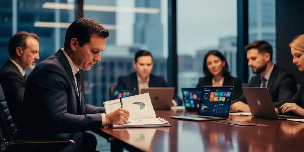 Executive reviewing printed governance report at conference table with colleagues viewing dashboards, modern glass office with city skyline backdrop.