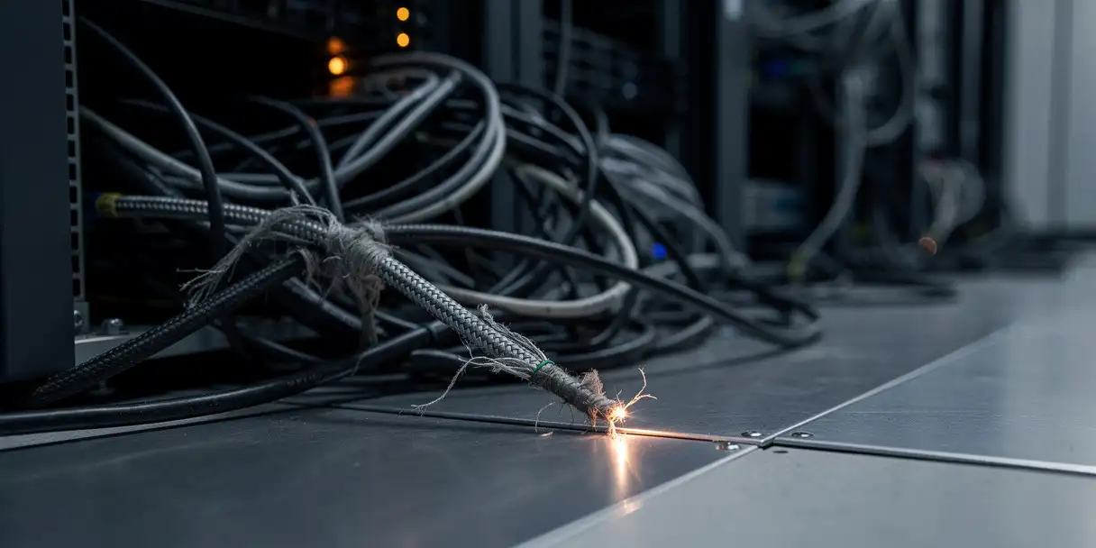 Frayed electrical wires spilling from an open server rack in a dim data center, one cable sparking against a steel floor panel.