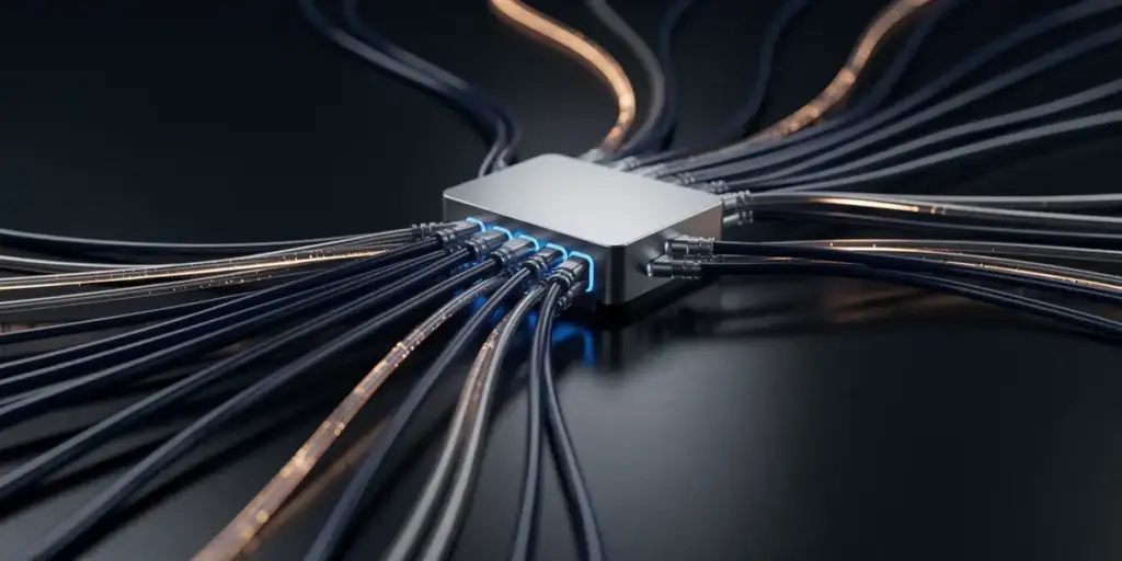 Glowing fiber-optic cables converging into a silver server node on a dark desk, lit with amber accents in a premium enterprise setting.