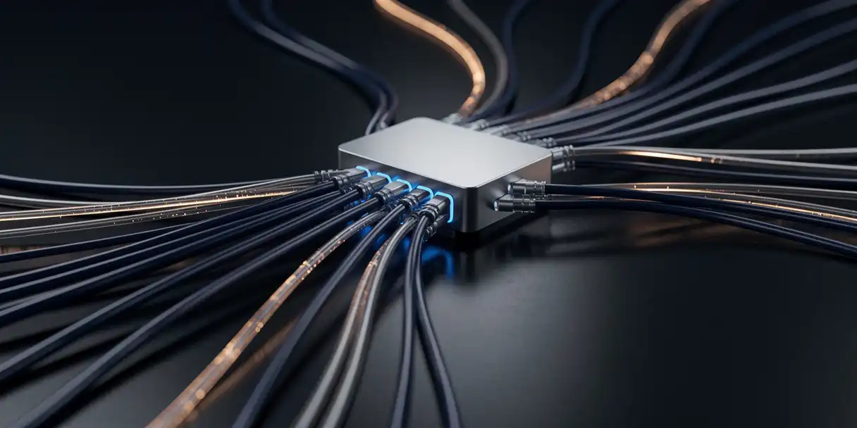 Glowing fiber-optic cables converging into a silver server node on a dark desk, lit with amber accents in a premium enterprise setting.