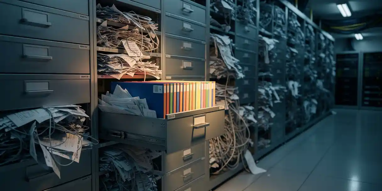 Wall of filing cabinets overflowing with tangled paper reports, one drawer neatly organized with color-coded folders in a dimly lit server room.