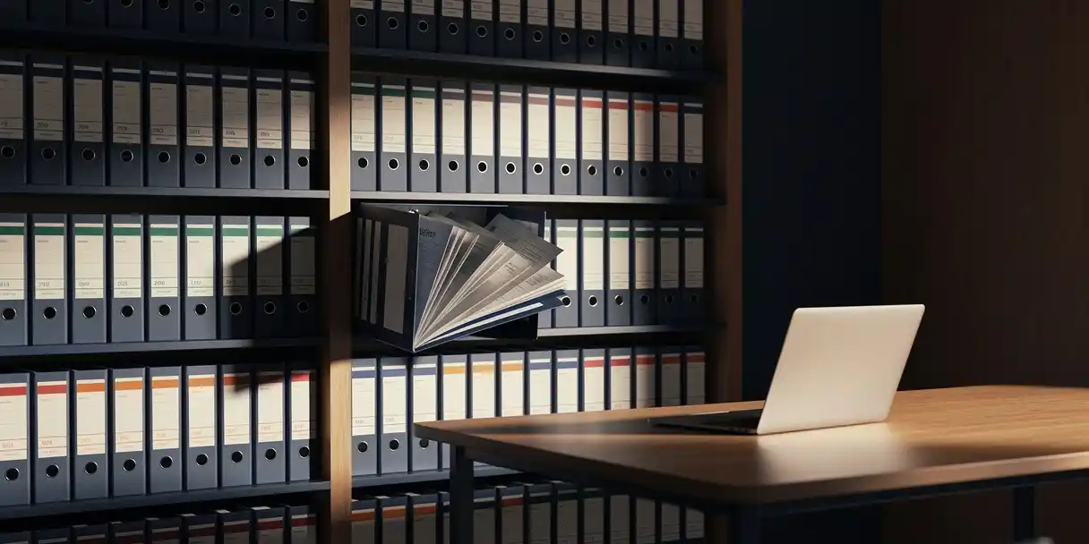 Color-coded filing shelves in a modern office, one folder open revealing layered version history documents beside a glowing laptop.
