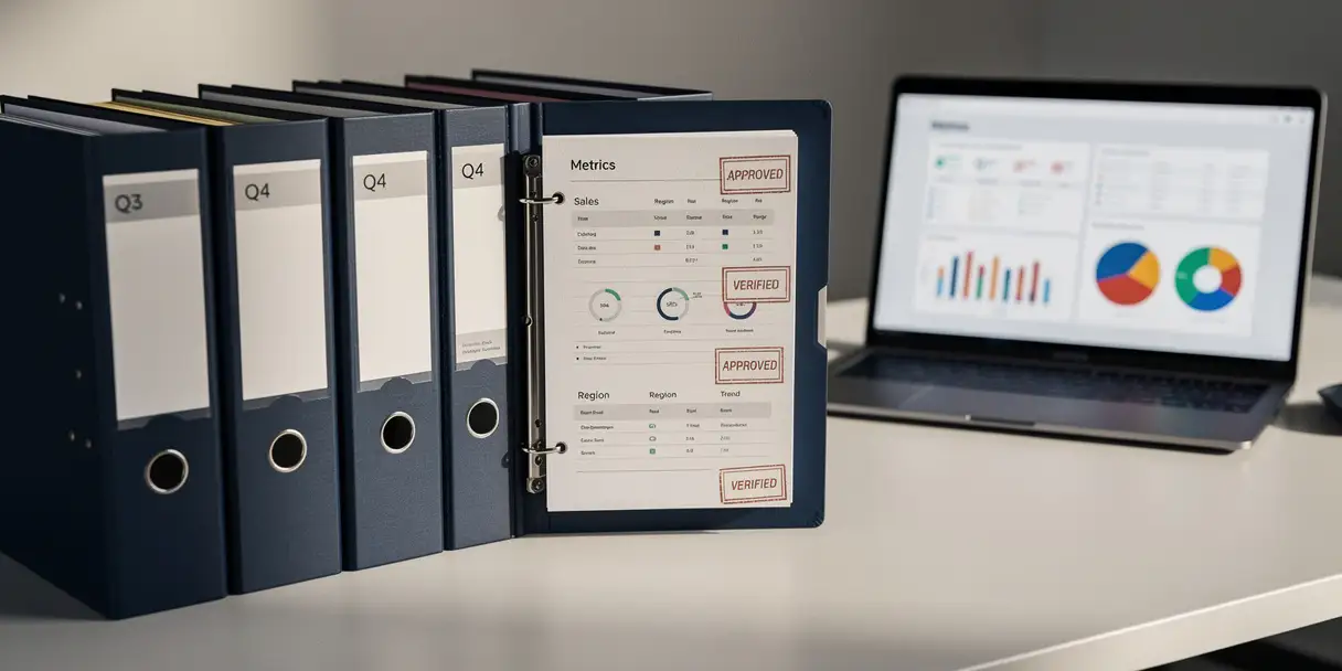 Labeled filing folders on a modern desk, one open with dashboard printouts and approval stamps, laptop showing BI charts softly blurred in background.