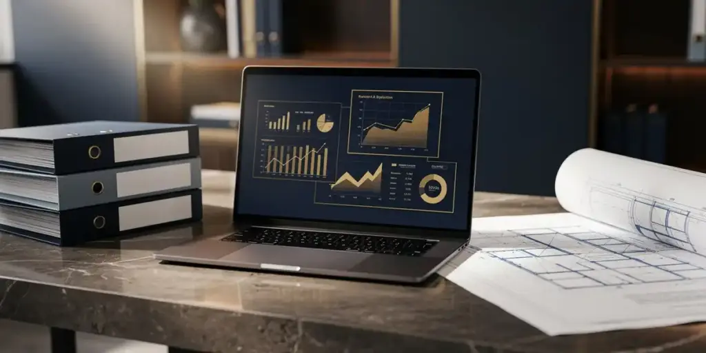 Financial analyst's desk with laptop showing dashboard charts, compliance folders, and architectural blueprint in navy and gold tones.