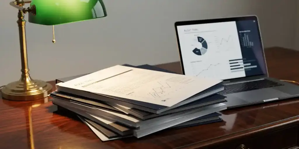 Financial audit trail documents stacked on a mahogany desk beside an open laptop showing data charts, lit by a warm banker's lamp.