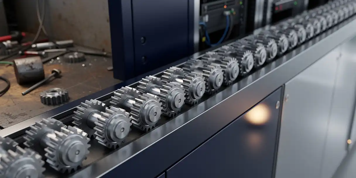 Silver gears moving along an assembly line from a raw workshop bench to a polished server room, navy and steel tones with amber accent lighting.