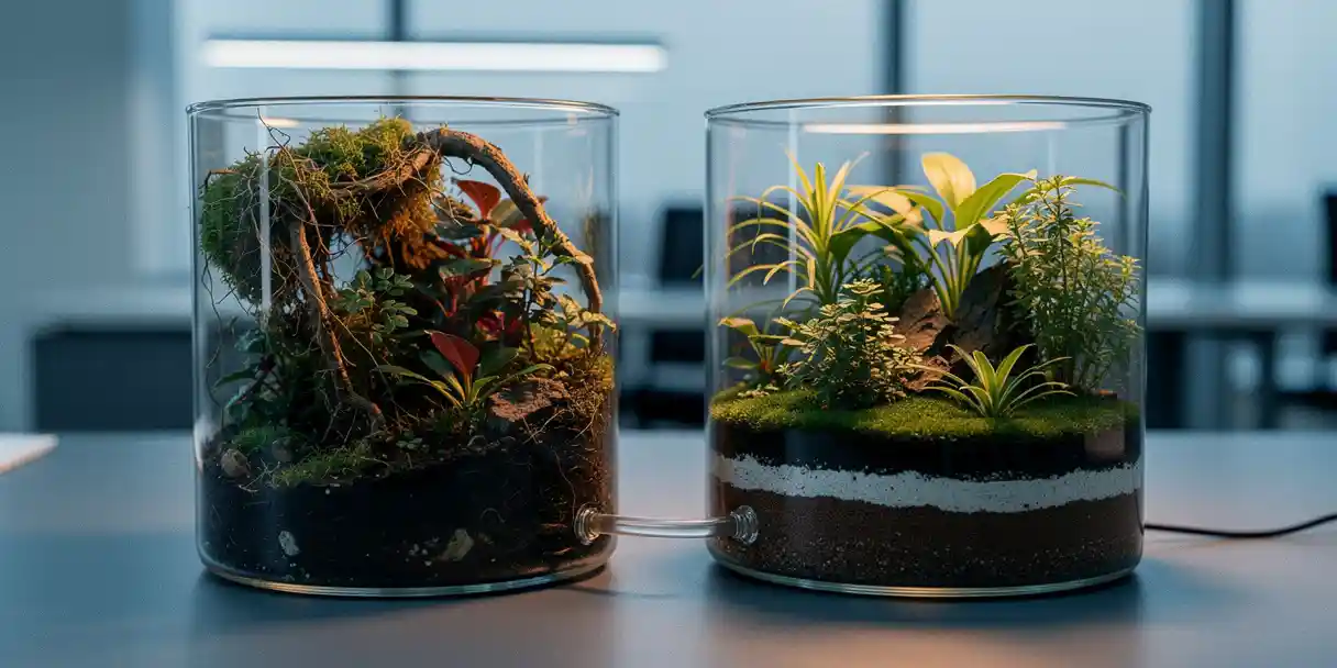 Two glass terrariums on a modern desk connected by a thin tube, one overgrown with tangled roots, the other neatly manicured, in blue and amber tones.