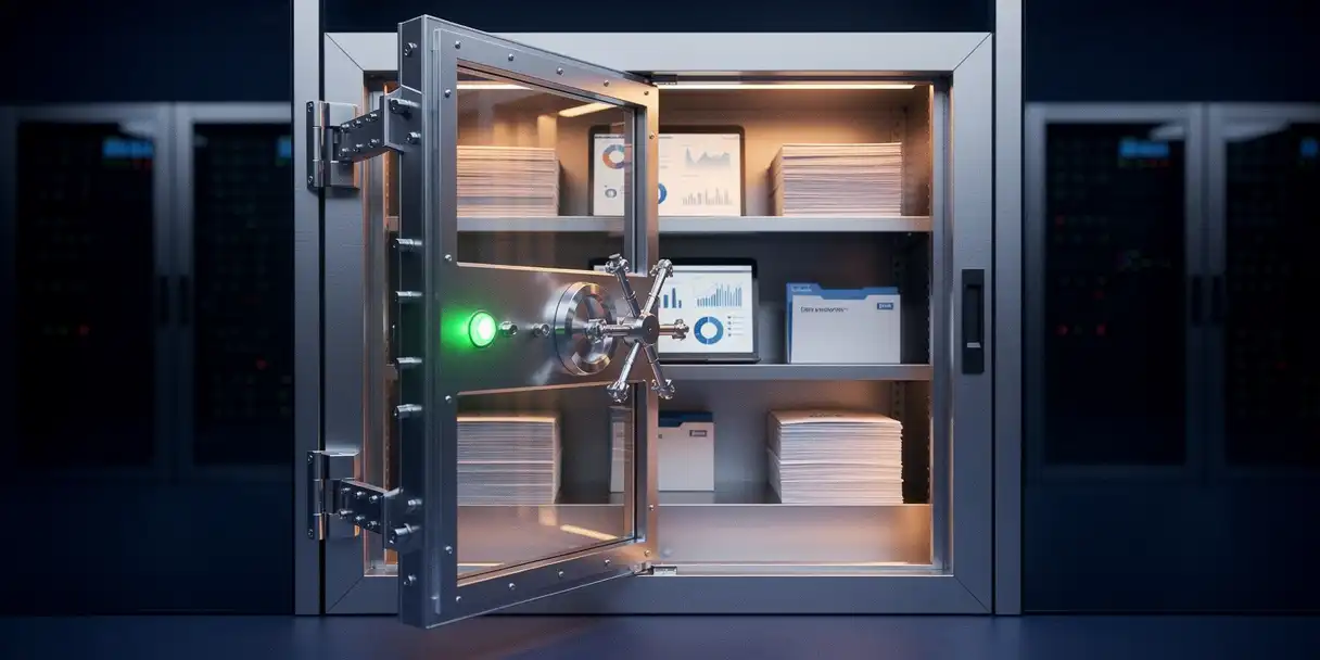 Transparent glass vault door standing half-open in a modern server room, revealing organized BI dashboards inside with a green indicator light glowing on the mechanism.