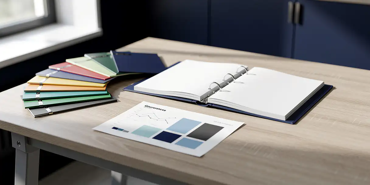 Architect's drafting table with open governance binder, color-coded folders, and enterprise dashboard printout in a corporate office.