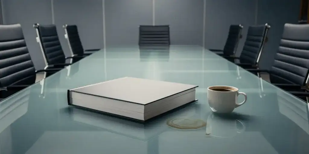Unopened governance framework binder on a glass conference table surrounded by empty chairs and an abandoned coffee cup.
