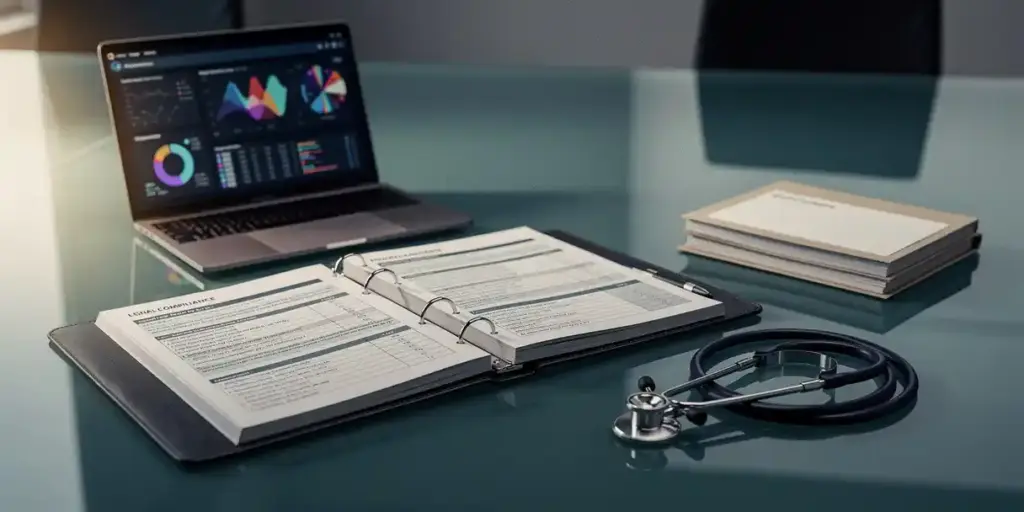 Open legal compliance binder on a glass conference table beside a laptop with data dashboards, stethoscope, and financial audit folders.