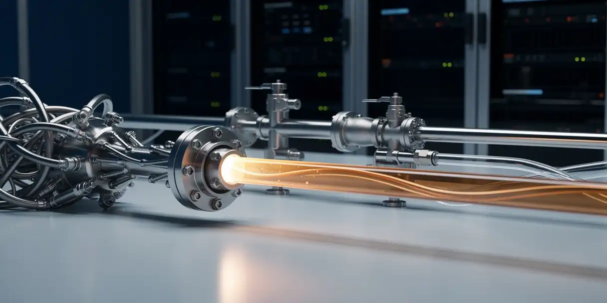 Polished steel pipes and valves connecting fluid flow from a tangled manual junction into a smooth automated line in a server room.