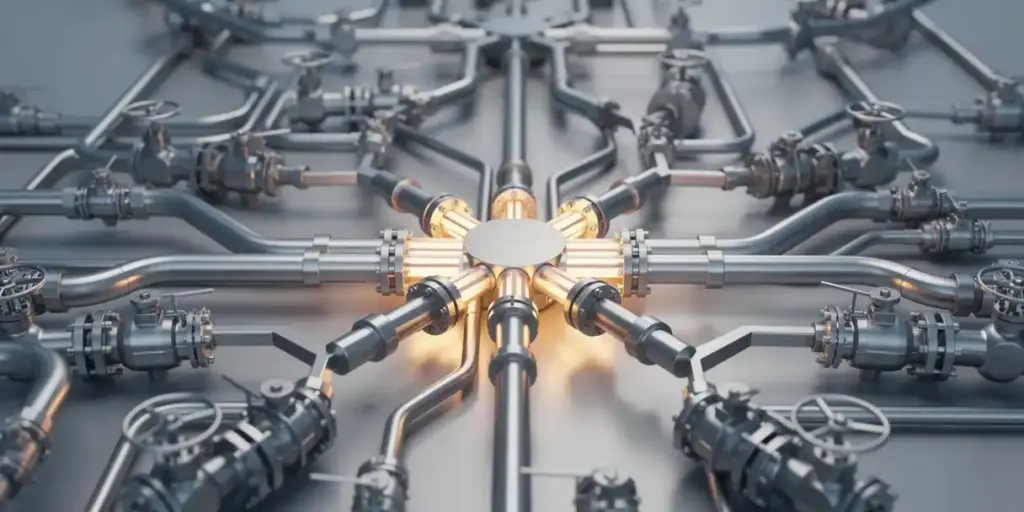 Industrial pipe network converging at a glowing amber junction node on a server room floor, steel-blue and warm amber tones.